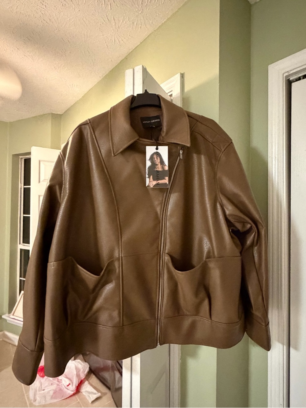 Ashley Graham Brown Leather Zip Front Jacket